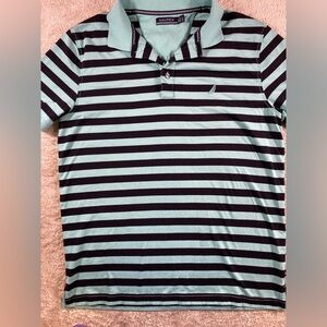 Nautica Polo Shirt Men’s L  Navy Blue/ Teal Blue Stripped Collared Used # 58